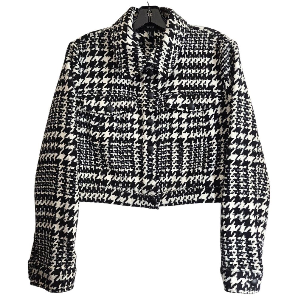 FOREVER 21 Jacket Womens Medium Black White HOUNDSTOOTH Cropped Wool Blend Boho
